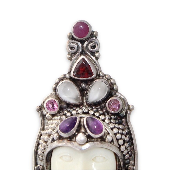 Sajen Goddess Face Pendant Brooch Sterling Silver Ruby Tourmaline Garnet & More - Picture 2 of 5